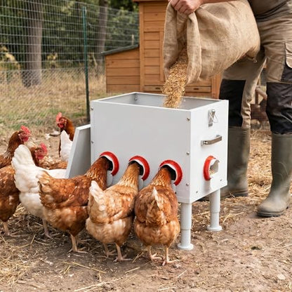 Automatic Chicken Feeder 50lbs Capacity Metal Chicken Feeder with 8 Ports No Waste Chicken Feeder Weatherproof Poultry Feeding Equipment with Handle, Locking Lid & Adjustable Legs for Outdoor