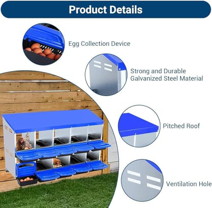 10 Hole Chicken Nesting Boxes - Nesting Boxes Chicken with Roll Away Design & Lid Cover,Easy Egg Collection, Hen Roosting Nest, Durable Poultry Laying Boxes for Hens - color: Blue, size: 10 Cells