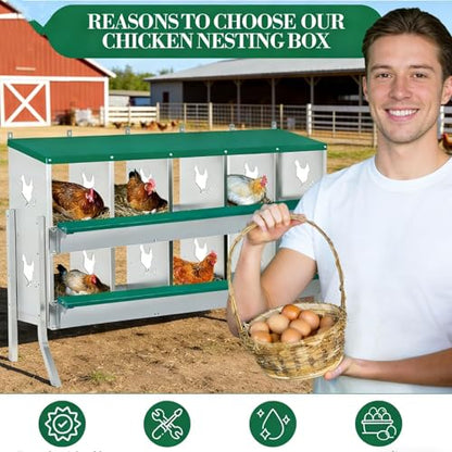 Wall Mounted Chicken Nesting Box – Weather Resistant Galvanized Steel Poultry Nest with 10 Absorbent Pads & 4 Fake Eggs, Egg Roll-Away System & Protective Lid for Coop, Barn, Backyard Hen House - size: 10 Room&Mat eggs