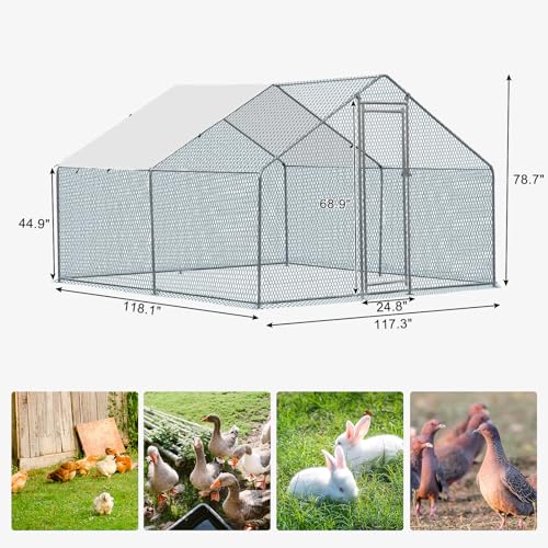 Outvita Chicken Coop, 10×10 FT Large Metal Chicken House, Poultry Habitat Cage with Waterproof Cover, Walk-in Chicken Run Pen for Small Animals, Yard, Farm, Patio - color: Silver, size: 120.0"L x 120.0"W x 78.0"H