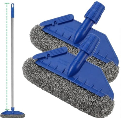 Stainless Steel Scrubber with 48" Long Handle, Heavy Duty 12.6" Widened Wire Mesh Broom for Commercial Kitchen, Garage Floor Oil Stain, Outdoor Patio, Griddle Cleaner, Pack of 1 Pole & 2 Refills