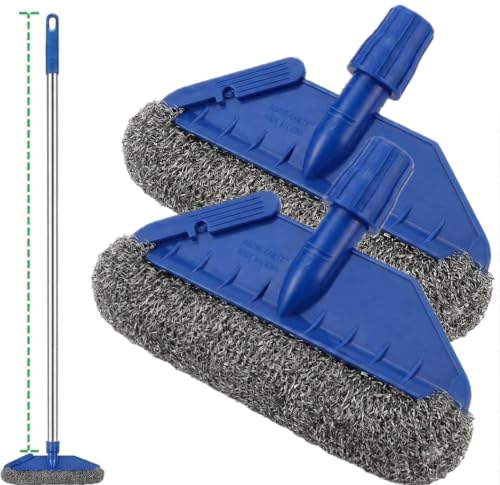 Stainless Steel Scrubber with 48" Long Handle, Heavy Duty 12.6" Widened Wire Mesh Broom for Commercial Kitchen, Garage Floor Oil Stain, Outdoor Patio, Griddle Cleaner, Pack of 1 Pole & 2 Refills