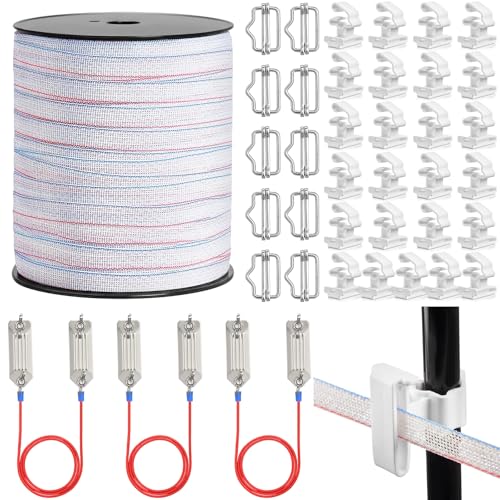 Kingdder 39 Pack Electric Fence Kit Include 3/4 Inch x 1312 ft Electric Fence Tape 25 T-Post Poly Tape Insulator 3 Connectors 10 Polytape Splicer for Livestock Deer Garden Protection Farm Enclosure