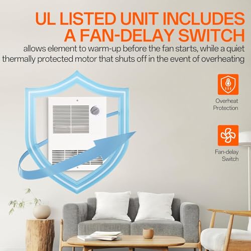 Upgraded High Capacity Wall Heater with Built-In Adjustable Thermostat, Painted Grille, 1500W, 120/240V, White
