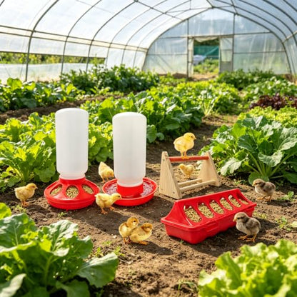 2026 New Chick Feeder and Waterer Starter Kit with Roost Bar,4-Piece Baby Chick Supplies Set with 2 Trough Feeders and No-Leak Water Dispenser for Chicks,Quail,Ducklings,and Small Poultry Brooder
