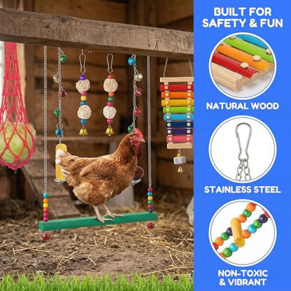 Complete Chicken Toys Set of 9 – All-in-One Chicken Coop Accessories with Xylophone, Swing, Chicken Mirror, Ladder, Vegetable String Bag & Hanging Feeder Coop Toy for Happy Hens - size: 9PCS