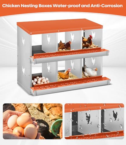 Garvee Space-Saving Metal Chicken Nesting Box - 6 Compartments, Wall Mounted, Roll Away, Easy Egg Collection, Orange Red, No Legs - size: 8 Compartment Chicken Nesting Box