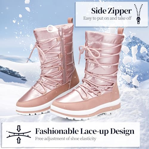 Waluzs Snow Boots for Women Fur Winter Boots Waterproof Ski Boots Women's Mid Calf Boots Furry White Lace up Boots with Zipper - color: Pink, size: 11