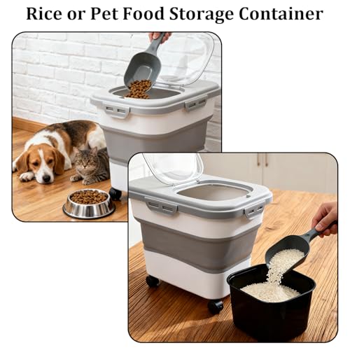 20-30 Lbs Rice and Pet Food Storage Container - Collapsible Airtight Food Storage with Rolling Wheel & Locking Lid, Flour Container with Cup & Scoop for Rice, Flour, Pet Food (Grey)