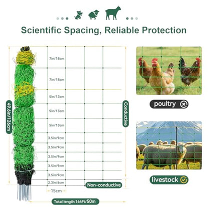 Electric Fence Netting, 49.6" H x 164' L, Portable Livestock Net Fencing with Double-Spike Posts, Movable Mesh for Goats, Sheep, Hogs, Deer & Dogs, Predator Control for Backyard, Farm & Homestead
