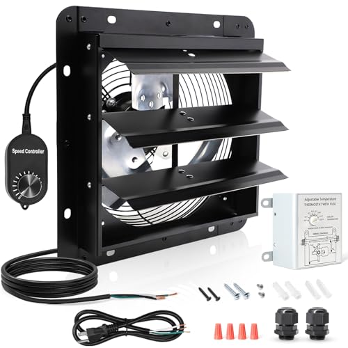 Shutter Exhaust Fan with Thermostat & Speed Control, 576 CFM,1700RPM, Upgrade 7 inch Wall Mount Attic Vent Fan for Chicken Coops, Greenhouse, Barn, Garage, Shed Ventilator - color: With Speed Control & Thermostat, size: 7inch