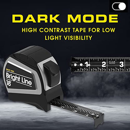 Perfect Measuring Tape - BrightLine High Contrast Dark Mode Easy Read Tape Measure for Low Light Visibility - Heavy Duty Rubber Case 18ft (Inch Fractions) Dual Sided Auto Lock Tape Measure Retractable - color: Black