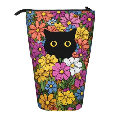 Black Cat Flower Girls Boys Standing Pencil Case Kids Kids Telescopic Stationary Pouch with Zipper Large Capacity Stand up Pen Bag Portable Makeup Holder for Children School Students Office Supplies - color: Black Cat