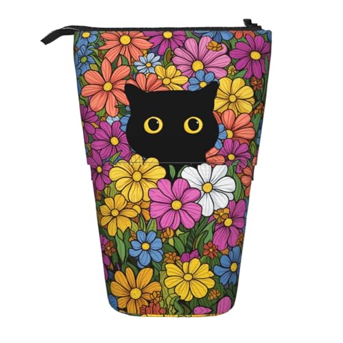 Black Cat Flower Girls Boys Standing Pencil Case Kids Kids Telescopic Stationary Pouch with Zipper Large Capacity Stand up Pen Bag Portable Makeup Holder for Children School Students Office Supplies - color: Black Cat