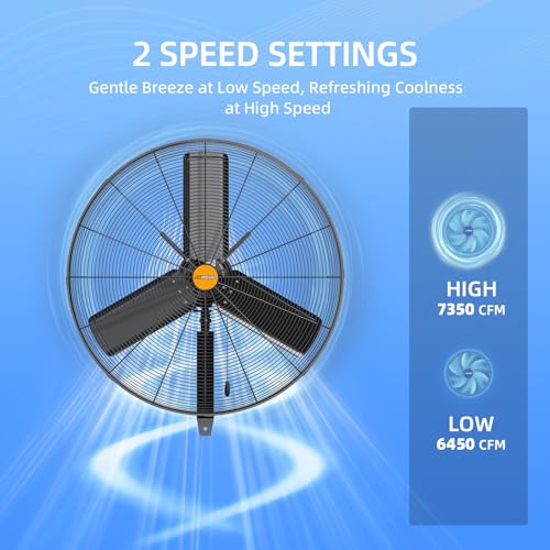 24 inch Outdoor Oscillating Wall Mounted Fan, High Velocity IPX4 Waterproof 7350 CFM Industrial Metal Wall Fan, 2 Speed, Adjustable Tilt, for Greenhouse, Patio, Garage, Workshop - size: 24inch-outdoor