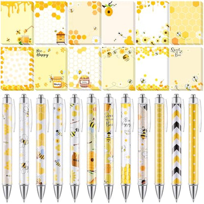 24 Pcs Bee Sticky Notes with Pens Bee Themed Gifts Self Adhesive Notepad Cute Memo Notes Pads Black Ink Ballpoint Pen for Animal Lover Christmas Gifts Office School Students Teacher Supplies - style: Bee
