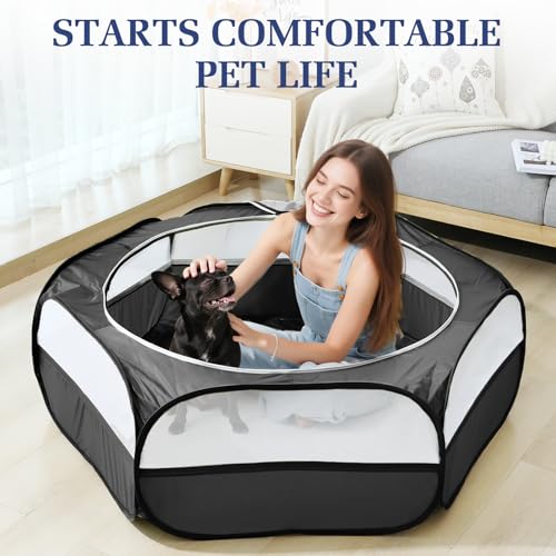 2-in-1 Small Animals Playpen with Pad, Waterproof Small Pet Cage Tent with Reusable Pad, Portable Outdoor Yard Fence with 3 Metal Rod for Chick/Kitten/Puppy/Guinea Pig/Rabbits/Chinchillas, Black+Gray - color: U-Black + Gray
