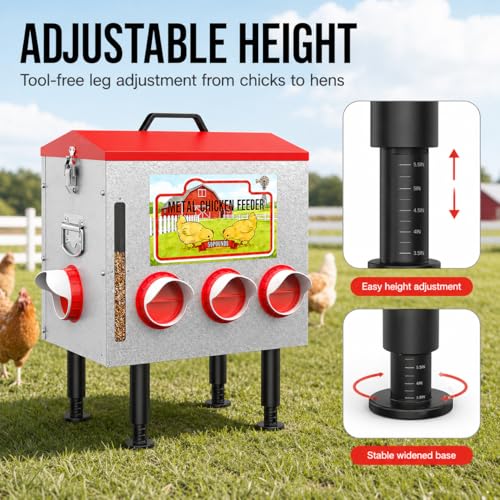 50LBS Metal Chicken Feeder Dispenser with Lid, Adjustable Legs, 8 Feeding Ports, No-Waste & Rodent-Proof Design, Visual Feed Level Indicator, Durable Outdoor Poultry Feeder for Chickens, and Geese