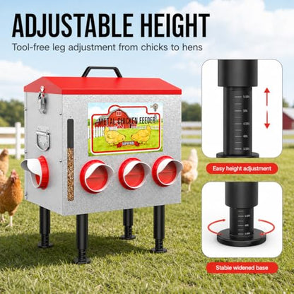 50LBS Metal Chicken Feeder Dispenser with Lid, Adjustable Legs, 8 Feeding Ports, No-Waste & Rodent-Proof Design, Visual Feed Level Indicator, Durable Outdoor Poultry Feeder for Chickens, and Geese