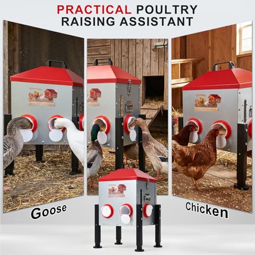 Automatic Chicken Feeder, 40LB Large Chicken Feeder with 6 Feeding Ports, No Waste Metal Poultry Feeder, Rat Proof Design, View Window, Height-Adjustable Legs for Ducks, Geese & Chickens - size: 6 Ports - Max 40 lb