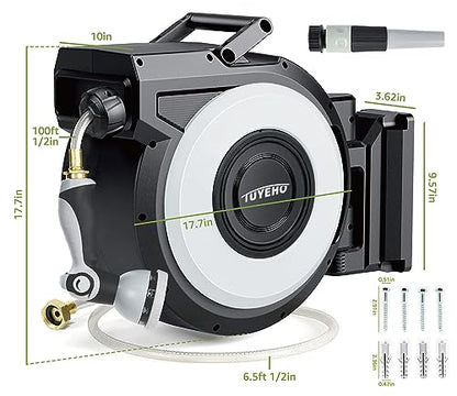 Tuyeho Retractable Garden Hose Reel 100FT, Wall Mount Heavy Duty Water Hose Reels with Automatic Slow Rewind System, Outdoor Hoses Reel with 2 Hose Nozzles for Garden Watering, Car Wash, Pet Shower - size: 1/2" 100FT