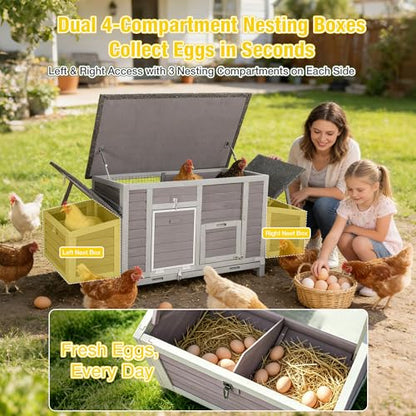 Aivituvin Large Chicken Coop for 4-6 Chickens, Reinforced Outdoor Wooden Hen House with 4 Sectionable Nesting Box, Easy Clean Pull-Out Tray, Waterproof Asphalt Roof - Grey, 67.3"L x 25.4"W x 28.1"H - size: 67.3"L x 25.4"W x 28.1"H