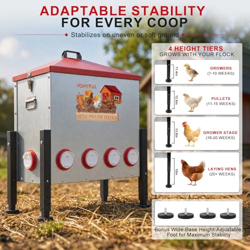 Automatic Chicken Feeder, 130LB Large Chicken Feeder with 10 Feeding Ports, No Waste Metal Poultry Feeder, Rat Proof Design, View Window, Height-Adjustable Legs for Ducks, Geese & Chickens - size: 10 Ports - Max 130 lb