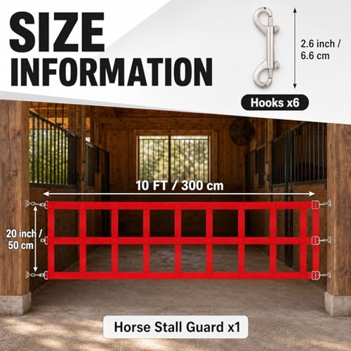 10 ft Adjustable Stall Guards for Horses Heavy Duty Polypropylene Webbing Stalls Guards Red Stall Gate with 6 Nails and 6 Hooks for Stables Barns Breeding to Keep Horse Securely