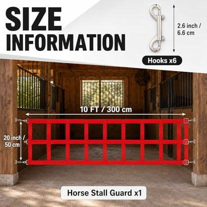 10 ft Adjustable Stall Guards for Horses Heavy Duty Polypropylene Webbing Stalls Guards Red Stall Gate with 6 Nails and 6 Hooks for Stables Barns Breeding to Keep Horse Securely