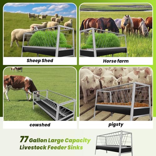 77-Gallon Large Capacity Stainless Steel Goat Feeder & Hay Rack, Dual Trough Livestock Feed/Water Trough for Goat Shelter, Horse Barn, Cattle Shed, with Elevated Feeding Platform