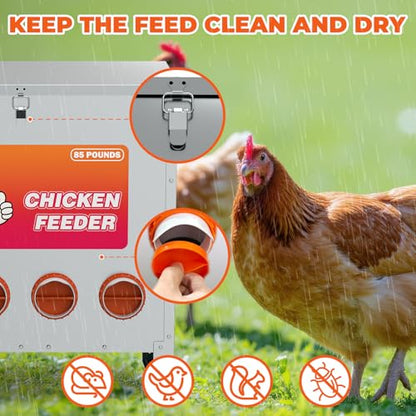 6 Ports Automatic Chicken Feeder 85 Pounds Large Gravity Fed Chicken Feeder with Latch & Handle for Chickens Bantams Pheasants Poultry Coop Weatherproof - size: 6 Ports (85-120 LBS)