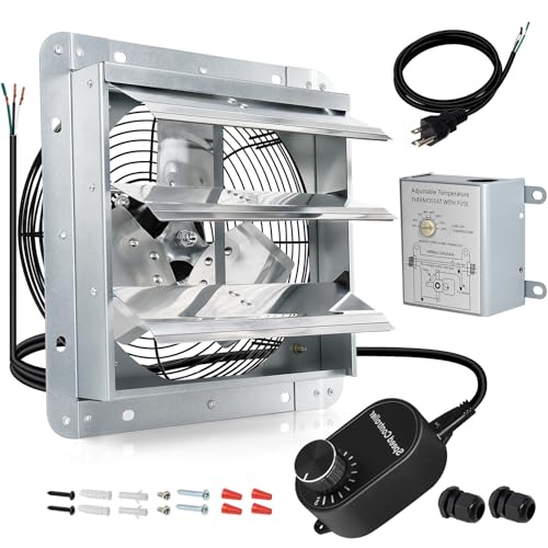 Hiorucet 7 Inch Wall Mounted Shutter Exhaust Fan with Thermostat and Speed Controller for Garage, Greenhouse, Shop, Attics, Chicken Coop, Shed, Basement, 760CFM 1600RPM Low Noise Louvered Exhaust Fan. - color: With Thermostat & Speed Controller, size: 7''
