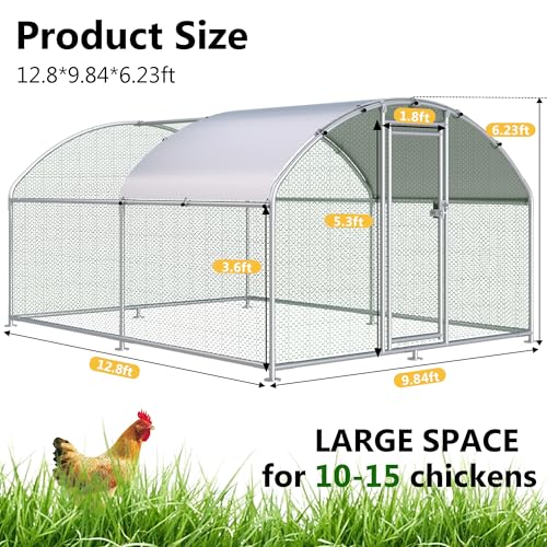 HITTITE Large Metal Chicken Coop with Run, 12.8 x 9.84 x 6.23 ft Walk in Poultry Cage Chicken Run Pen, Dome Roof Outdoor Chicken Runs for Yard with Waterproof & Anti-UV Cover - size: 153.6"L x 118.0"W x 74.7"H