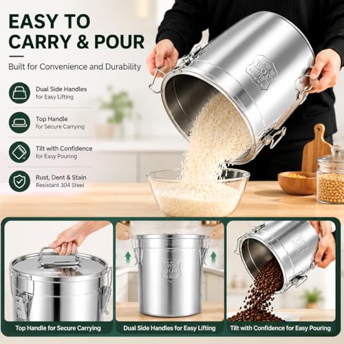 33L/8.72gal Stainless Steel Airtight Canister, Food Storage Canisters with Airtight Lid&Locking Clamp, Rice Cereal Grain Canisters Container, Storager Bucket for Flour, Coffee Bean, Sugar, Cookie - color: 33L