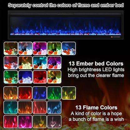 42 Inch Smart Wall Mount & in Wall Recessed Electric Fireplace Insert,App Control, Multi Colors of Flame & Fuel Bed,Timer & Thermostat & Low Noise,750W/1500W Indoor Heater, Black - size: 42 Inch WiFi