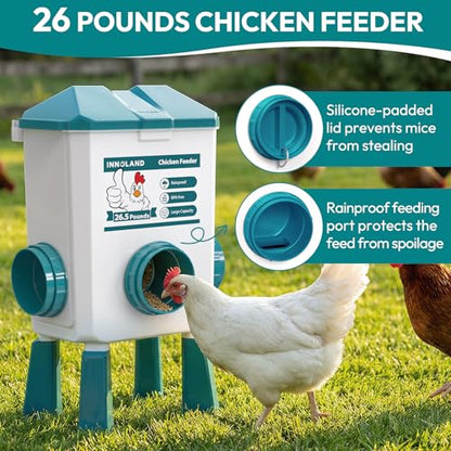 Chicken Feeder and Waterer Set - 3 Gallon/26.5 Pounds, Automatic Chicken Waterer with 4 Cups & 3 Feeder Ports, No Waste Poultry Feeders & Waterers, Chicken Coop Accessories for Hens/Ducks/Poultry