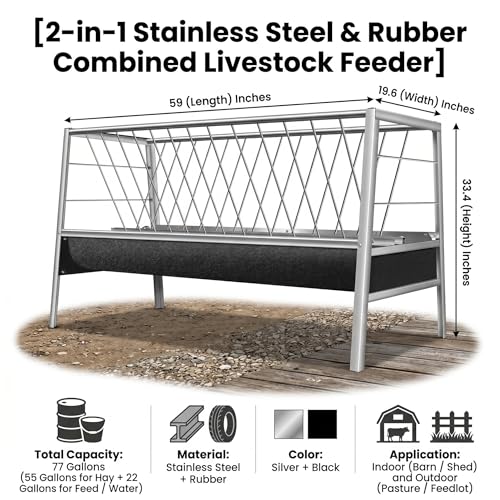 Hay Feeder, 77 Gallon Stainless Steel Goat Feeder for Goats Sheep Calves Horses, Anti-Waste Goat Feeder with Rubber Trough Livestock Feeder