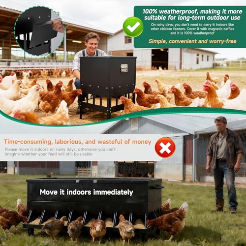 55-70LBS Large Chicken Feeder No Waste 16-Ports Automatic with Magnetic Baffle to Prevent Rodents and Mice Large Poultry Feeder Adjustable Height Suitable for All Poultry, Weatherproof - color: 55-70LBS