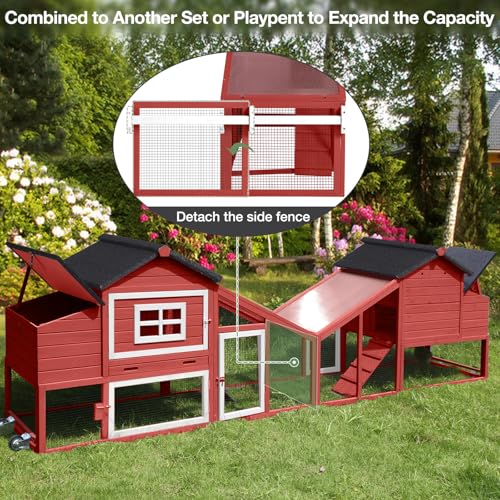 Chicken Coop with Wheels, Outdoor Chicken Tractor with Leak-Proof Tray, UV-Resistant Roof & Nesting Box for Chickens, Ducks, Rabbits - color: Red