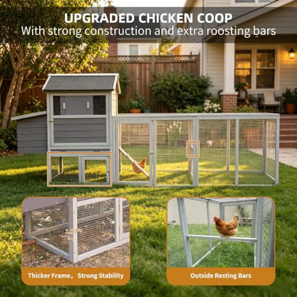 Wooden Chicken Coop with Run 112.6" Large Poultry Cage with Hardware Cloth | Chicken House for 2-6 Chickens with 2 Nesting Boxes, Pull-out Tray, Sun Roof Weather Resistant Roof