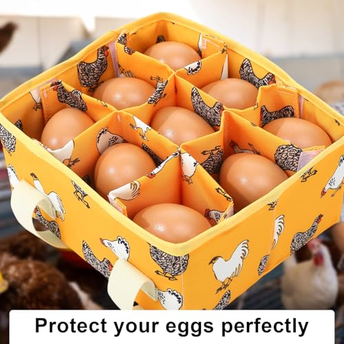 Removable Egg Collecting Basket, Egg Basket for Gathering Fresh Eggs with 9 Pouches, Foldable Canvas Egg Holder, Collector Egg for Chicken, Duck, Goose, Collection (Yellow-flowered Chicken) - style: Yellow-flowered Chicken
