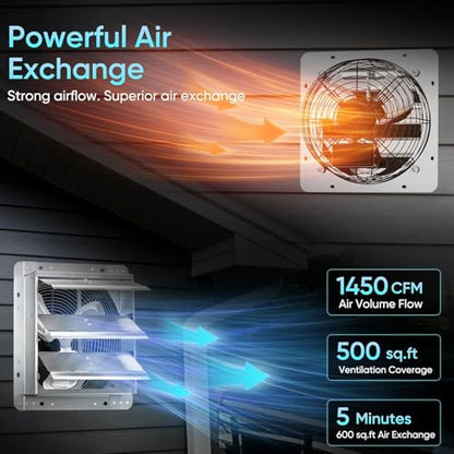 KEN BROWN 12" Shutter Exhaust Fan, 1450 CFM Wall Mounted Attic Fan, Automatic Shutter for Attic Garage Workshop Greenhouse Ventilation, Silver