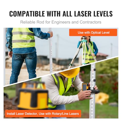 VEVOR Aluminum Grade 9-Feet 3 Sections Telescopic Measuring Rod, Double-Sided Scale 1/10ft Leveling Rod with Bubble Level & Carrying Bag for Houses, Walls, Floors - size: 9 FT-10ths