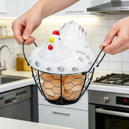 Metal Wire Egg Basket Ceramic Lid Farm Kitchen Egg Storage Holder | Wire Egg Collection Baskets for Gathering Eggs,Decorative Egg Holder Container for Farmhouse,Kitchen, and Countertop