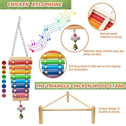 9 Pack Chicken Toys for Coop Accessories, Chicken Enrichment Toys with 2 Swing, 1 Wood Stand, 1 Xylophone, 1 Mirror, 2 Vegetable Net Bag, 2 Vegetable Fruits Hanging Fork