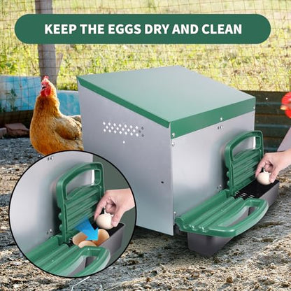 Chicken Nesting Box, 2 Holes Nesting Boxes, Heavy Duty Metal Laying Boxes, Roll Away Nesting Box Egg Collection Tray, with Roosting Pole for Chicken Coop(Green) - size: 22.0"L x 25.5"W x 18.5"H