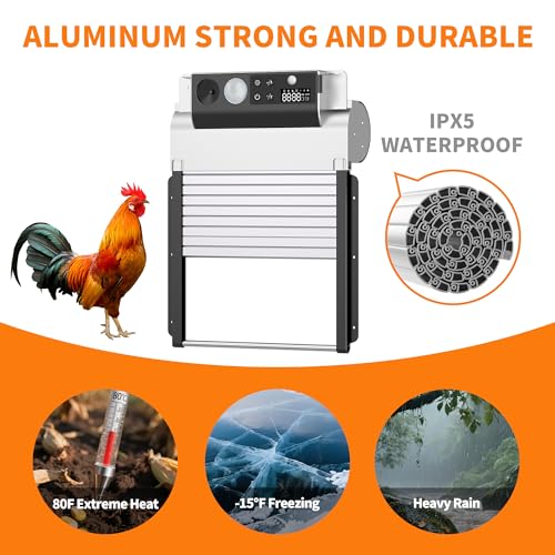 Automatic Chicken Coop Door, Solar Powered Chicken Coop Door with Timer & Light Sensor, Automatic Chicken Door Intelligent Anti-Pinch Function & 4 Modes & Remote Control Chicken Door