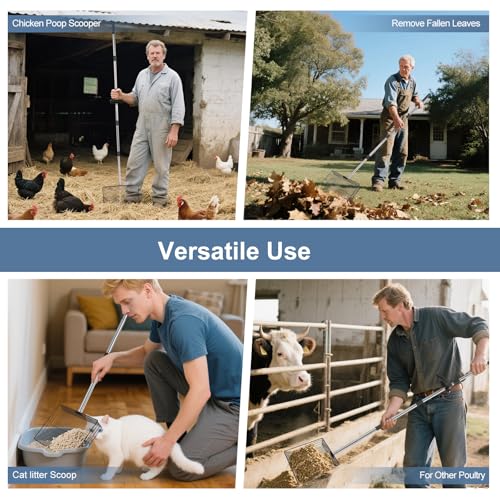 15inch Large Chicken Poop Scooper with Ergonomic Grip, 5 in 1 Adjustable Chicken Coop Pooper Shovel (24 to 76.5"), Stainless Steel Litter Sifting Shovel Scoop for Chicken Coop/Goat Stall/Stable