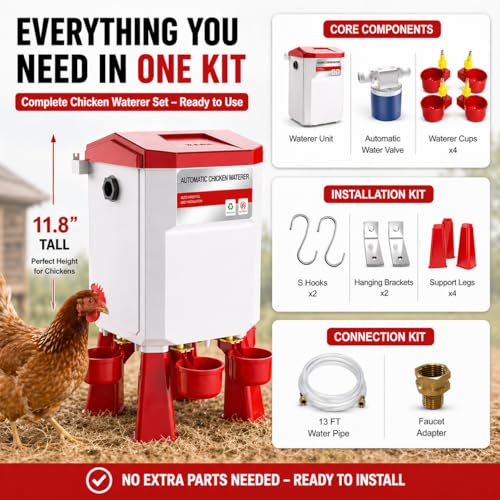 Automatic Chicken Waterer 2 Gallons, Chicken Water Feeder with Float Valve & 4 Water Cups, 13FT Hose Poultry Waterer System, Chicken Coop Water Dispenser for Chickens Ducks Quail Turkey (Red, 2 GAL) - color: Red
