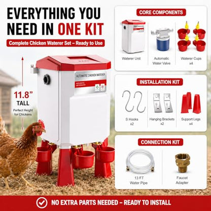 Automatic Chicken Waterer 2 Gallons, Chicken Water Feeder with Float Valve & 4 Water Cups, 13FT Hose Poultry Waterer System, Chicken Coop Water Dispenser for Chickens Ducks Quail Turkey (Red, 2 GAL) - color: Red